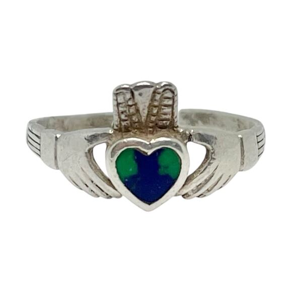 Claddagh Ring Jewelry - 1970s Vintage Sterling Silver .925 & Blue Green Lapis Claddagh Ring, Size 7